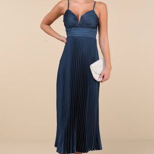 Lulus Fabulous Perfection Navy Blue Satin Pleated Midi Dress - Size L
